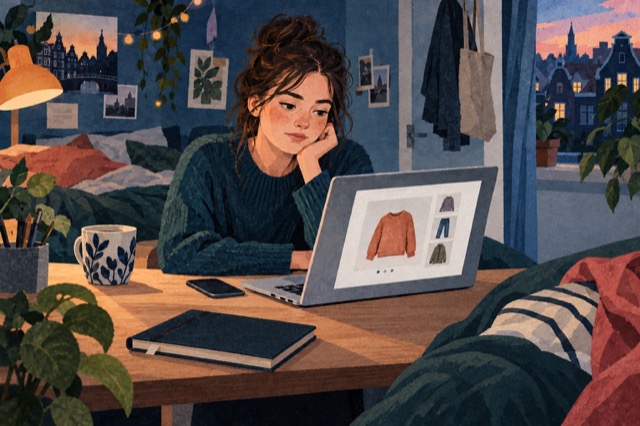 Dezelfde fictieve jongere bekijkt een aankoop op haar laptop vóór er rekeningen op tafel liggen.