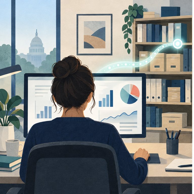 Conceptuele illustratie: dezelfde medewerker ziet openbare statistiek op een scherm terwijl een lichtspoor bij open bestanden blijft.
