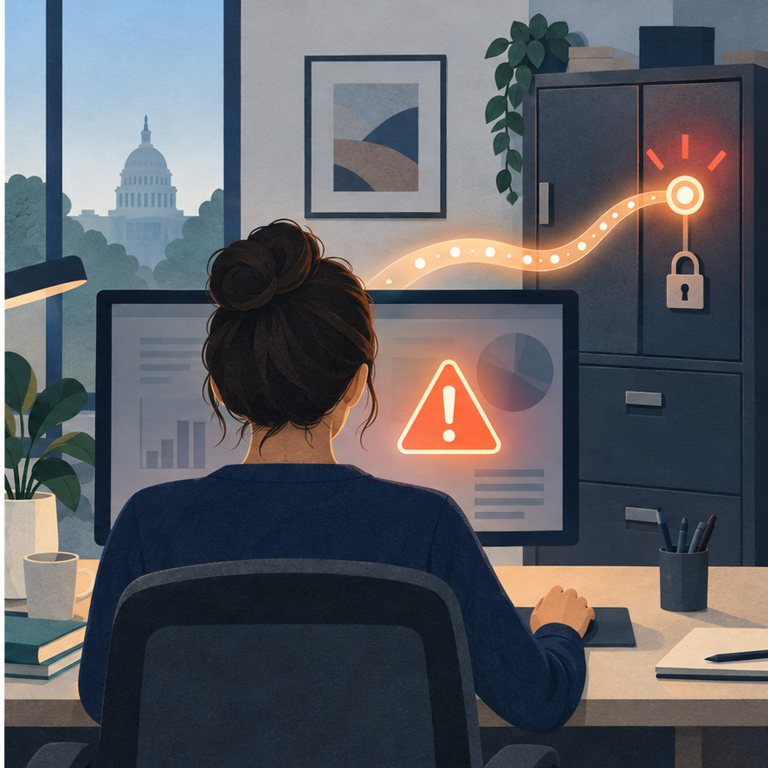 Conceptuele illustratie: dezelfde medewerker ziet een waarschuwing terwijl een lichtspoor een afgesloten archief bereikt.