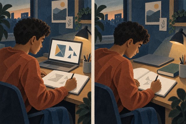 Twee papiercollages van dezelfde leerling: links tekent hij met het voorbeeld op een open laptop, rechts met de laptop gesloten.