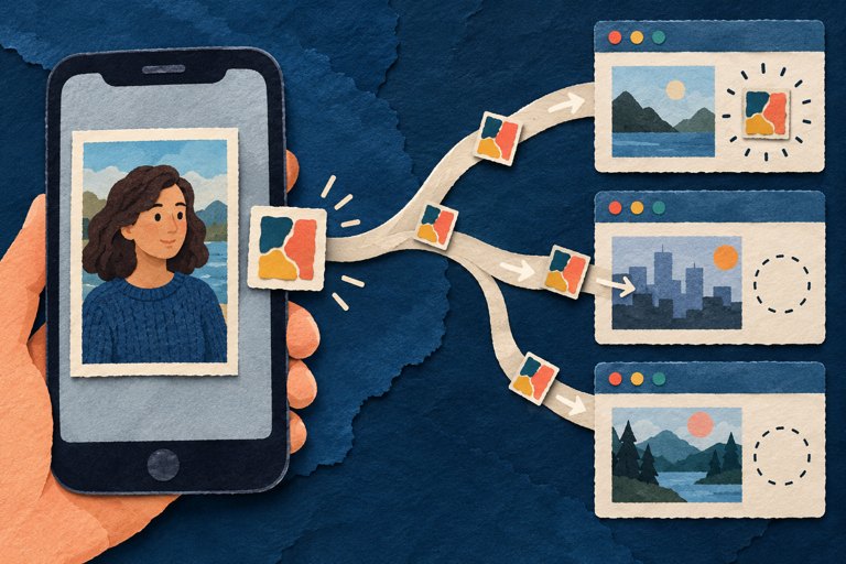 Conceptuele AI-illustratie: een foto blijft op de telefoon terwijl alleen kleine herkenningstekens naar aangesloten platforms gaan.