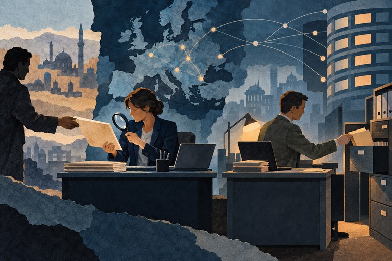Eigen conceptuele papiercollage van twee mensen die achtereenvolgens een dossier beoordelen voordat het wordt opgeborgen.