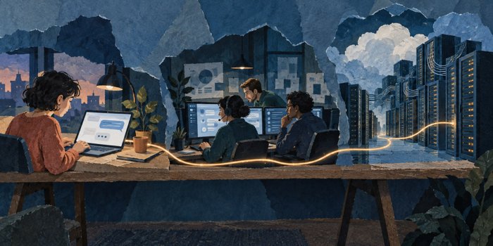 Geschilderde papiercollage: links iemand die een chatbot gebruikt, in het midden het bedrijf dat de dienst beheert en rechts een aparte leverancier van servers.