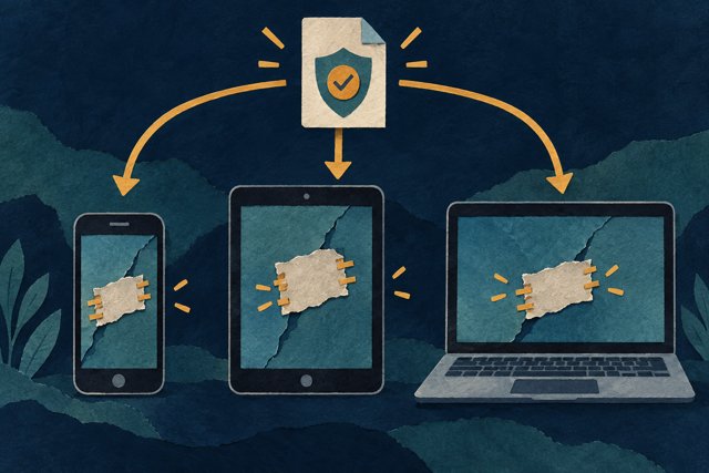 Geschilderde uitleg: één softwarefix wordt bij een telefoon, tablet en laptop getoond.