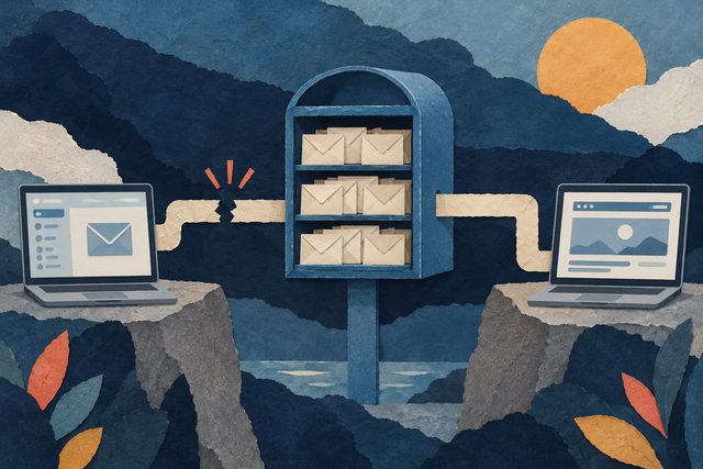 Conceptuele collage: links is de verbinding tussen Mail op de Mac en een volle mailbox onderbroken; rechts loopt de browserroute naar dezelfde mailbox door.