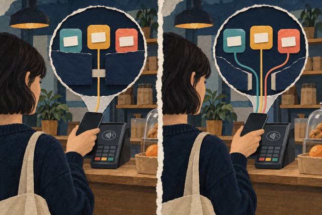 Twee bijpassende scènes: links krijgt één betaalapp toegang, rechts kunnen meerdere apps de betaalfunctie gebruiken.