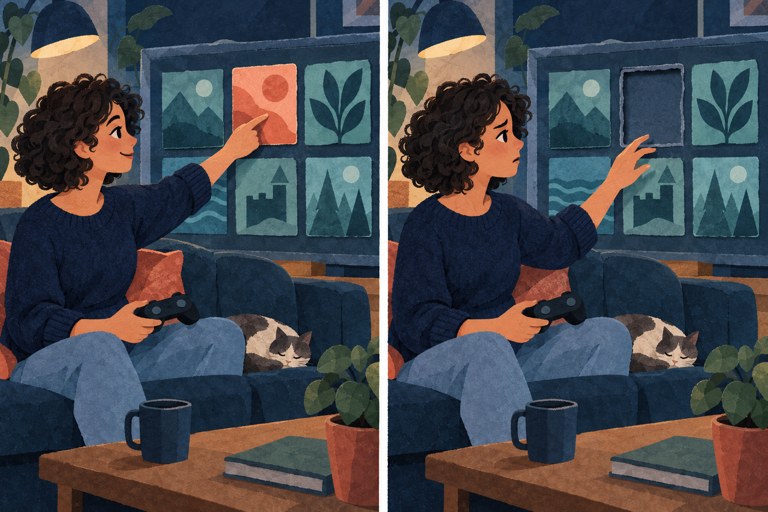 Twee conceptuele collages van dezelfde gamer: links is een spelkeuze beschikbaar, rechts ontbreekt die terwijl andere keuzes blijven.