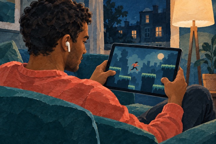 Conceptuele AI-papiercollage: dezelfde jongere met dezelfde draadloze oortjes speelt nu een spel op zijn tablet.