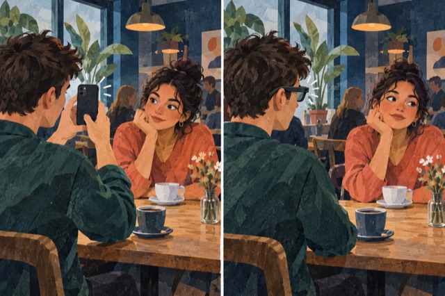 Twee geschilderde caféscènes: links houdt iemand zichtbaar een telefoon omhoog, rechts draagt dezelfde persoon een bril met een kleine camera terwijl de ander hem aankijkt.