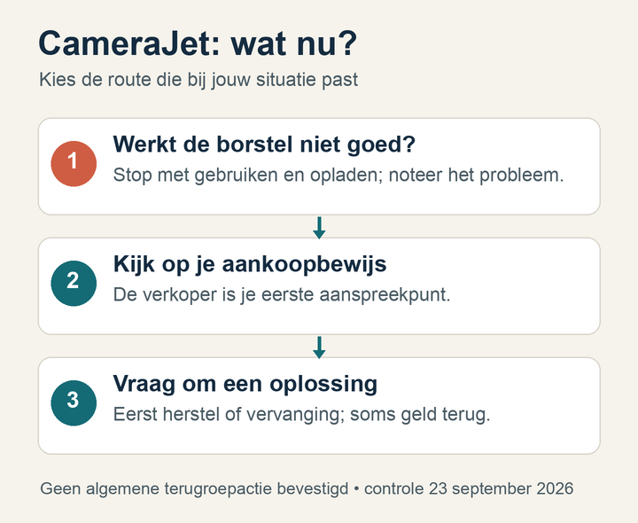 Schema met drie stappen: stop bij een defect met gebruiken en opladen, kijk op je aankoopbewijs en meld het probleem bij de verkoper voor herstel of vervanging, soms terugbetaling.