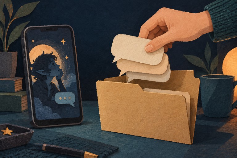Een hand legt papieren praatwolkjes in een map, naast een telefoon met een fantasiepersonage.