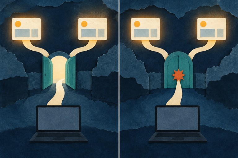 Twee geschilderde schema’s: links verbindt een open toegangspoort een laptop met toepassingen, rechts onderbreekt een gesloten poort die toegang.