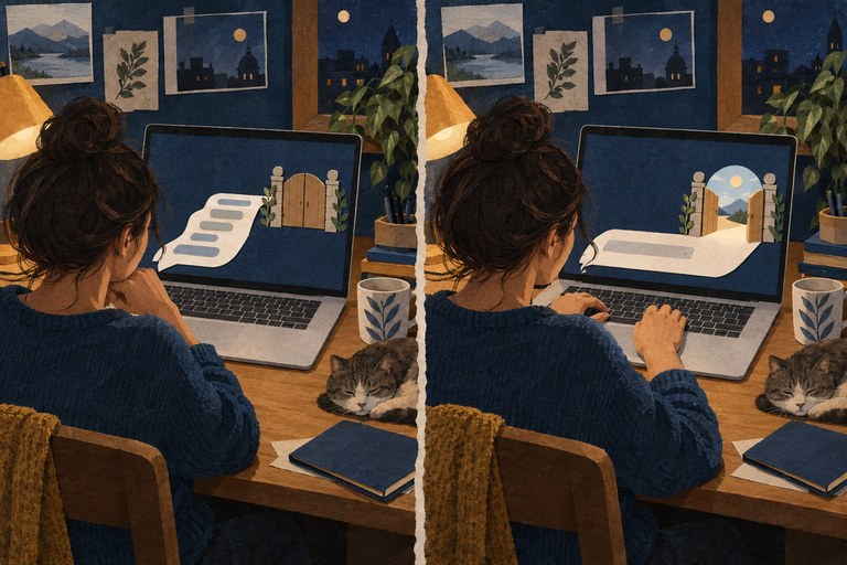 Conceptuele papiercollage: een gebruiker bij een beëindigd gesprek en daarna bij een nieuw gesprek.