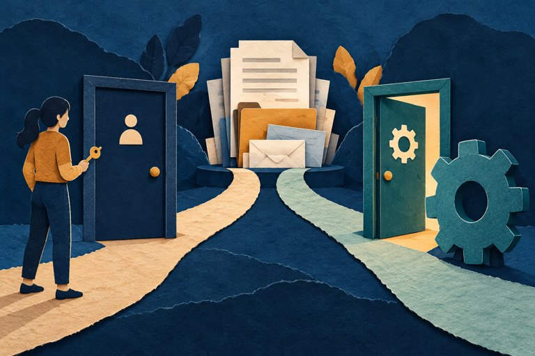 Papiercollage met een gesloten deur voor een gebruiker en een afzonderlijke appdeur naar dezelfde documenten.