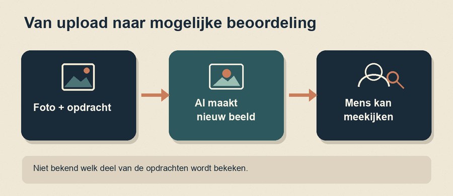Stappenschema: je stuurt een foto en opdracht, Copilot maakt een nieuw beeld en een mens kan meekijken. Onbekend is welk deel van de opdrachten wordt bekeken.