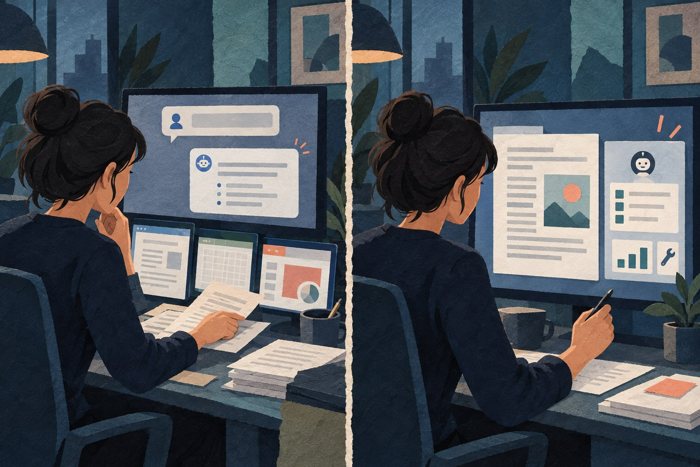 Twee conceptuele papiercollages met dezelfde werknemer: links een chatantwoord dat nog handmatig verwerkt wordt, rechts een bewerkbaar werkresultaat dat de werknemer controleert. Geen echte Copilot-schermen.