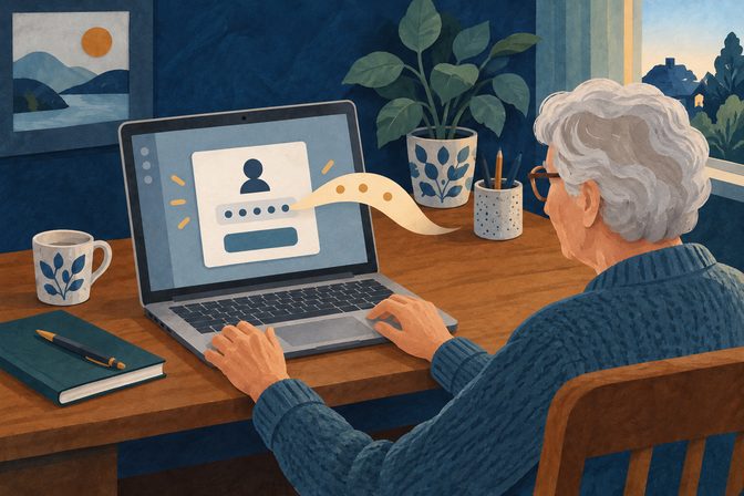 Geschilderde vergelijking: dezelfde persoon kan met een pincode inloggen via een DigiD-app op de eigen laptop.