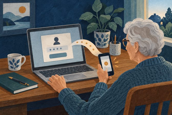 Geschilderde vergelijking: iemand zit aan de laptop en moet voor de DigiD-app op een tweede apparaat een telefoon gebruiken.