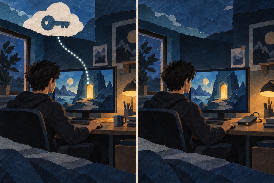 Twee geschilderde scènes met dezelfde gamer en game: links loopt de toegang via een accountsleutel in de cloud, rechts ligt een offline installatiebestand op een eigen schijf.