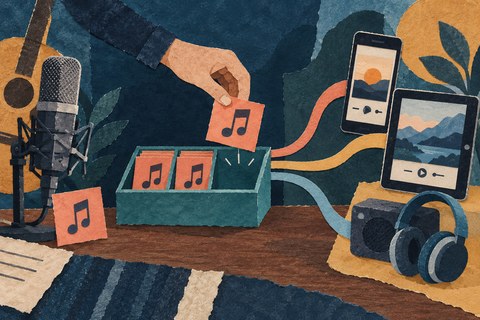 Conceptuele AI-papiercollage waarin een muziekkaart uit een verdeelbak tussen een microfoon en luisterapparaten wordt gehaald.
