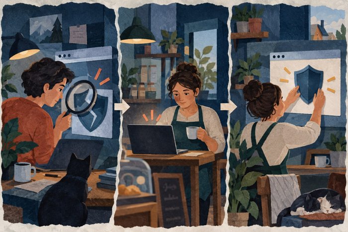 Conceptuele geschilderde papiercollage in drie stappen: een onderzoeker vindt een zwakke plek, een kleine ondernemer ontvangt bericht en herstelt de beveiliging. Geen afbeelding van de hack bij DIVD.