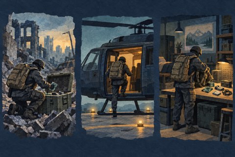 Drie geschilderde scènes: een gamepersonage verzamelt onderdelen, stapt in een helikopter en bergt spullen op in een basis.