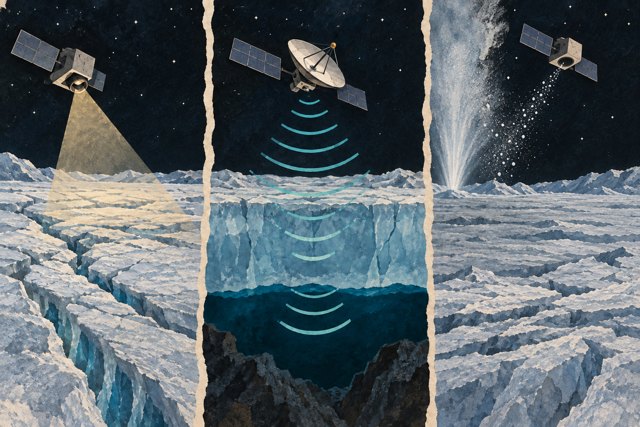 Papiercollage met drie meetprincipes: een camera kijkt naar ijs, radar onderzoekt de ondergrond en een sonde vangt deeltjes uit een pluim.