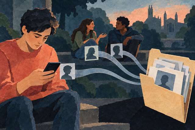 Conceptuele papiercollage: profielkaartjes van een telefoongebruiker en twee vrienden komen via papieren verbindingen in dezelfde map terecht.