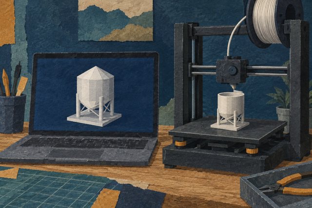 Conceptuele AI-illustratie in papiercollagestijl: links een digitaal tankmodel op een laptop, rechts een printer die een vereenvoudigde vorm laag voor laag opbouwt.