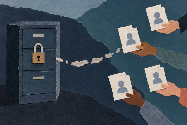 Een afgesloten kast met losse kopieën van persoonsdocumenten in verschillende handen. Conceptuele AI-illustratie.