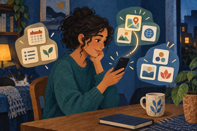 Dezelfde vrouw ziet appbeelden in duidelijke groepen rond haar telefoon.