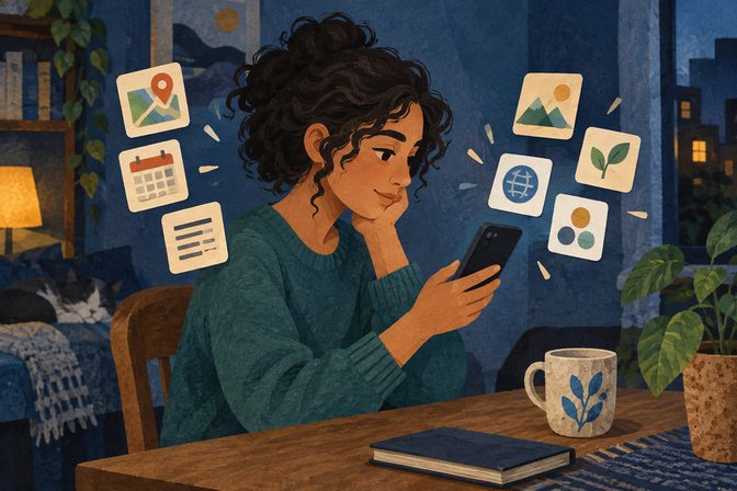 Papiercollage van een vrouw die tussen verspreide appbeelden zoekt op haar telefoon.