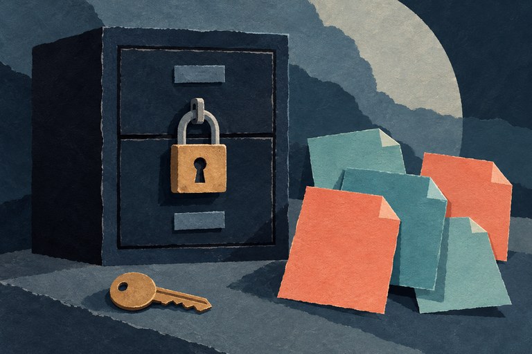 Conceptuele papiercollage van een afgesloten archiefkast met losse kopieën buiten het slot.