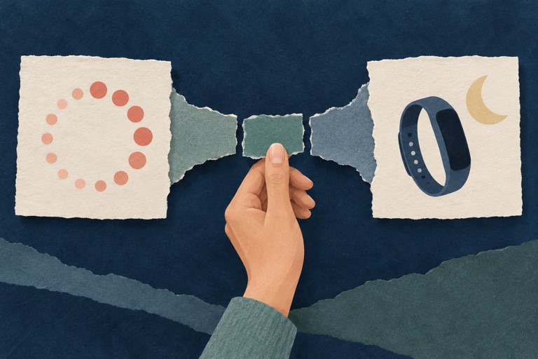 Een hand verbindt twee losse papieren kaarten: één met een cyclusring en één met een fitnessband en maan.