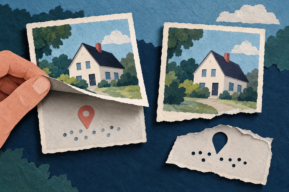 Conceptuele papiercollage: links zit onder een foto van een huis een laag met een locatiepin; rechts is die laag verwijderd, terwijl het huis zichtbaar blijft.