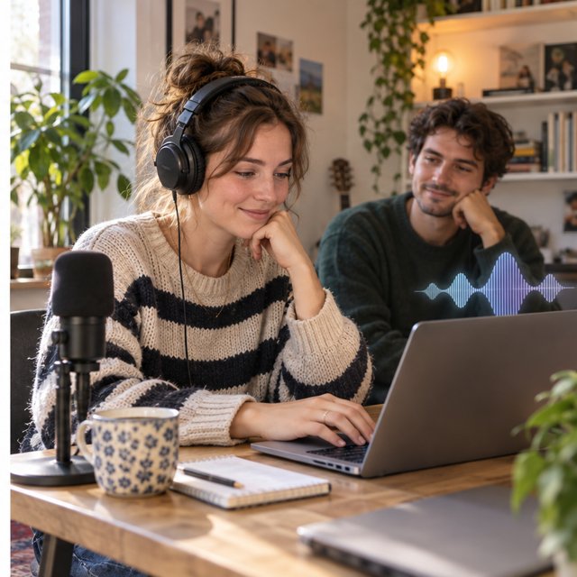 Dezelfde jonge vrouw luistert met een koptelefoon naar audio op haar laptop terwijl de microfoon niet wordt gebruikt.