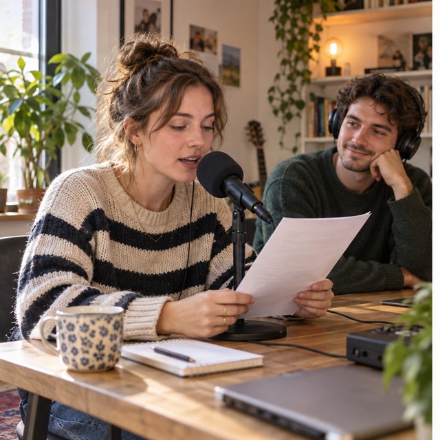 Conceptuele illustratie: een jonge vrouw spreekt haar script zelf in bij een microfoon, met een vriend naast haar.