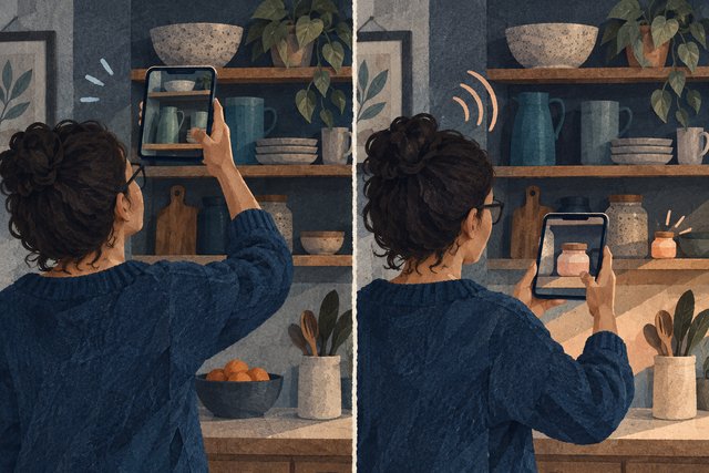 Twee geschilderde scènes: links richt iemand de telefooncamera te hoog op een kast; rechts brengt een gesproken aanwijzing een potje op de lagere plank in beeld.