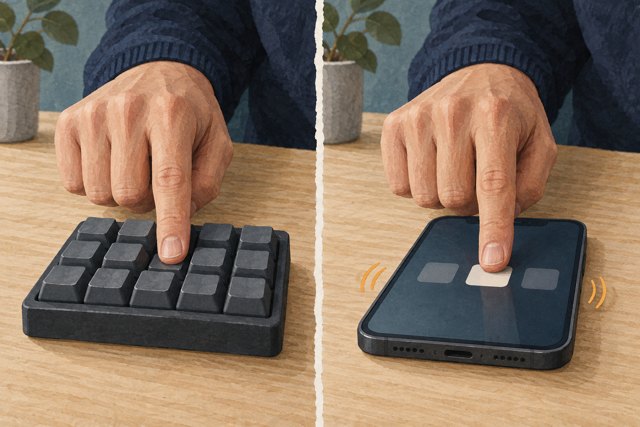 Links drukt een vinger een fysieke toets in; rechts raakt dezelfde hand een vlak telefoonscherm aan, met getekende trillingslijntjes.