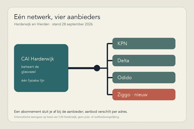 Schema: de glasvezellijn van CAI Harderwijk loopt naar KPN, Delta, Odido en de nieuw toegevoegde Ziggo.