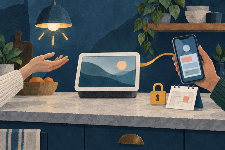 Gedeeld huisscherm tussen een lamp en een gekoppelde telefoon met een slot en agenda als symbolen voor persoonlijke gegevens.
