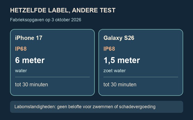 Vergelijking van fabrieksopgaven: iPhone 17 IP68 tot 6 meter gedurende 30 minuten, Galaxy S26 IP68 tot 1,5 meter zoet water gedurende 30 minuten, beide in labomstandigheden.