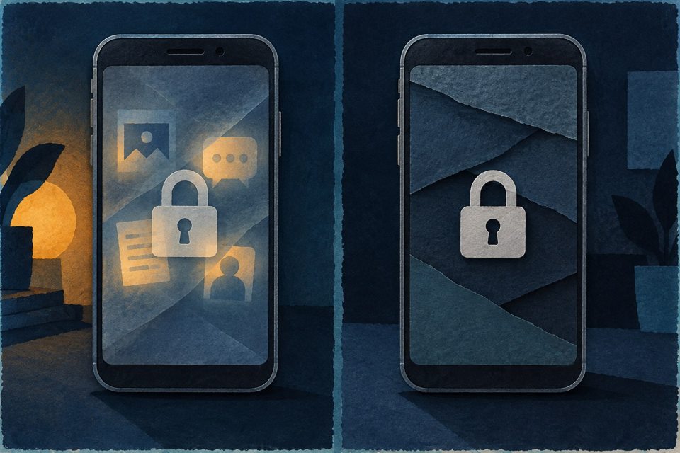 Twee conceptueel geschilderde identieke telefoons: links zijn na vergrendelen nog enkele gegevensvormen achter een doorschijnende laag zichtbaar, rechts liggen die na herstart achter dikkere lagen en een slot.