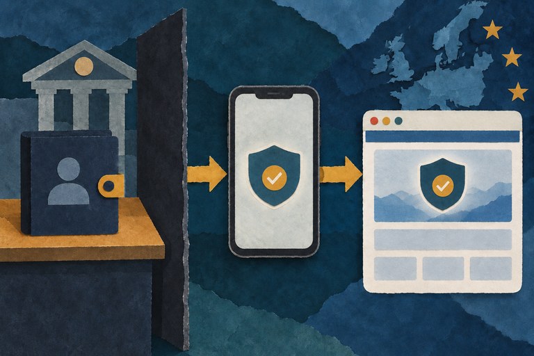 Conceptuele collage: een gesloten identiteitsdossier blijft links, terwijl een bewijs via een telefoon naar een website gaat.