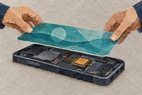 Conceptuele AI-collage van een nieuwe blauwe laag boven een telefoon met zichtbare chip.