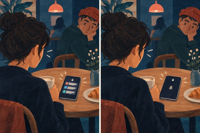 Twee geschilderde scènes aan dezelfde cafétafel: links toont een vergrendelde telefoon abstracte berichtregels; rechts alleen een meldingssymbool zonder berichttekst.