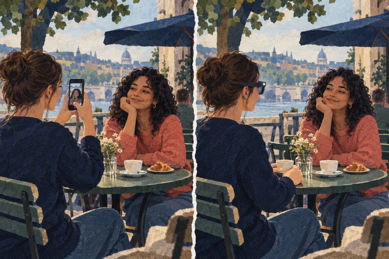 Twee geschilderde scènes in hetzelfde café: links houdt iemand een telefoon omhoog, rechts draagt die persoon een camerabril.