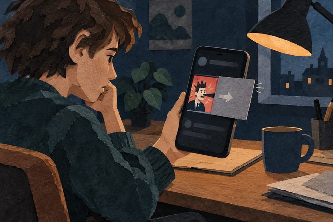 Geschilderde uitleg: een maker ziet zijn filmpje op één telefoon achter een dichtgeschoven papieren scherm verdwijnen.