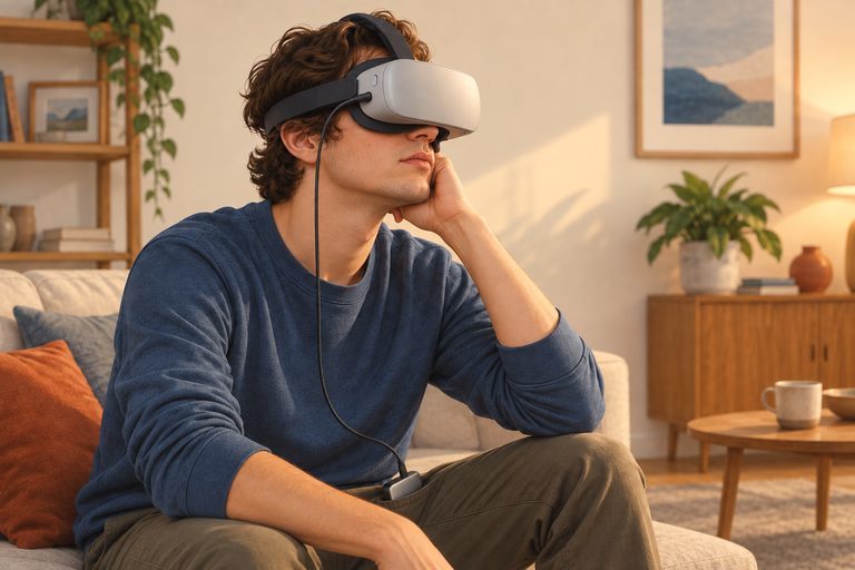 AI-illustratie: dezelfde persoon draagt een slankere ondoorzichtige VR-bril met een kabel naar een kastje in de broekzak.