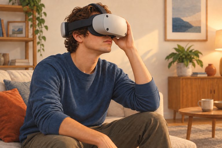 AI-illustratie: een persoon draagt een stevige alles-in-één-VR-headset zonder kabel of kastje.